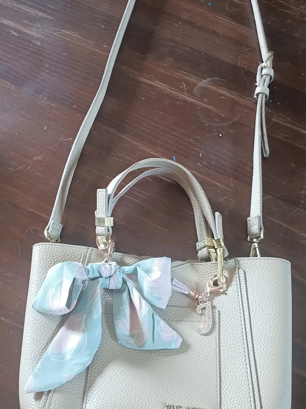 Steve Madden Cream Pebbled Satchel with Light Blue Scarf and Gold Hardware